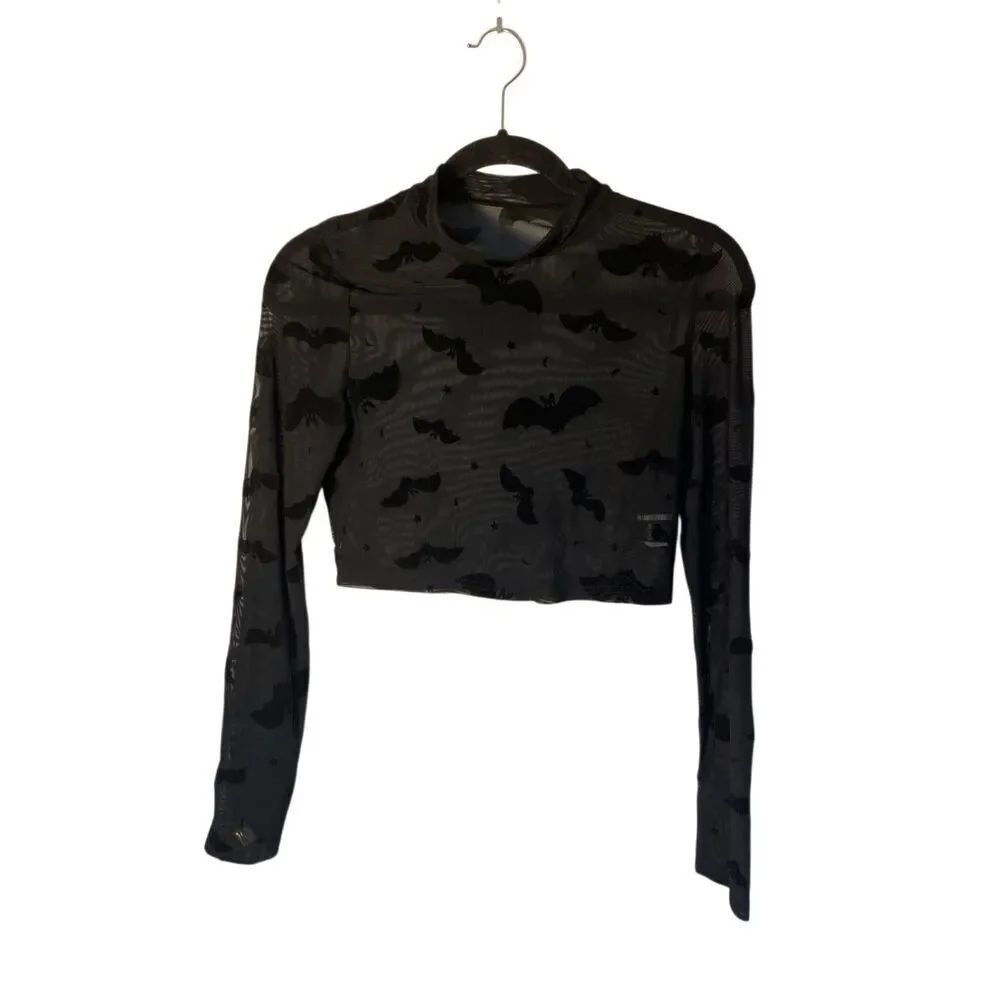 Shein velvet black bat, long sleeve, sheer mesh, crop top Gothic 6